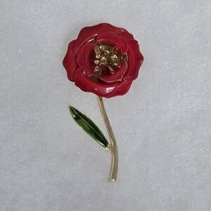 Red Enamel Rose Brooch with Gold-Tone Stem and Green Leaf